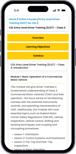 Ledt Course Entry Level Driver Training (ELDT) - Class A – ELDT Training
